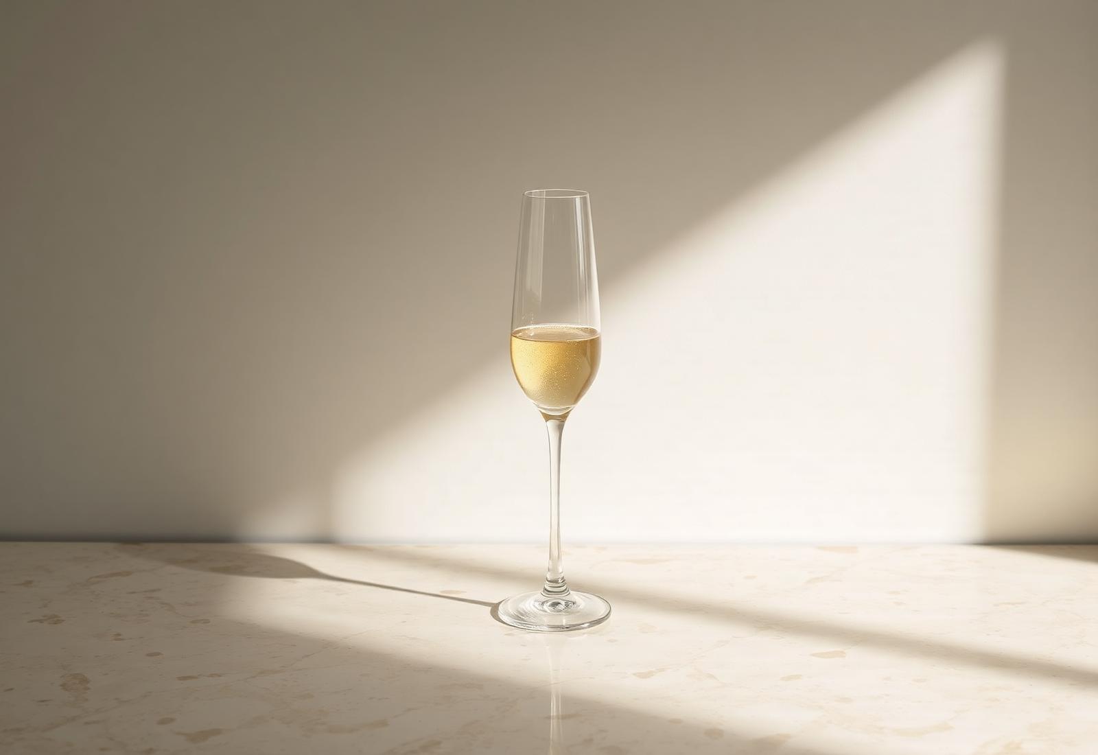 A flute of pale gold champagne in soft window light.